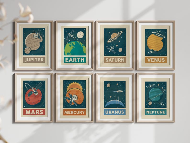 Retro Solar System Planet Wall Art Set of 9, Space Wall Print ...
