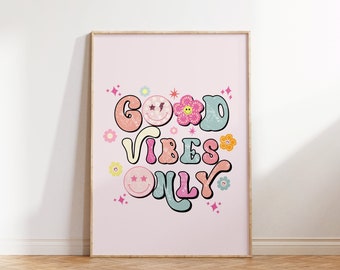 Stampa "Good Vibes Only", decorazione murale retrò e groovy, arredamento trendy per dormitorio (download digitale)