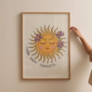 Retro Sun Wall Art, Celestial Wall Art, Think Happy Thought Print, Retro 70s Print, Digital Download Print, Wall Decor, Downloadable Print