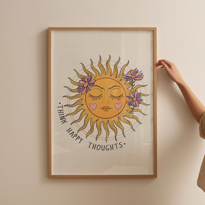 Retro Sun Wall Art, Celestial Wall Art, Think Happy Thought Print, Retro 70s Print, Digital Download Print, Wall Decor, Downloadable Print