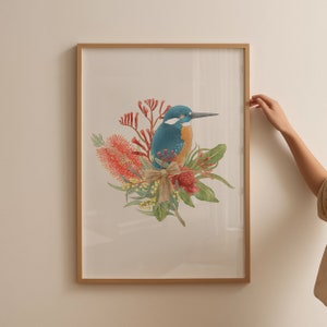 Impresión de arte de pared de flores de pájaro, Impresión de flores nativas australianas, Impresión de naturaleza, Descarga digital, Decoración de pared, Póster de arte, Póster de martín pescador