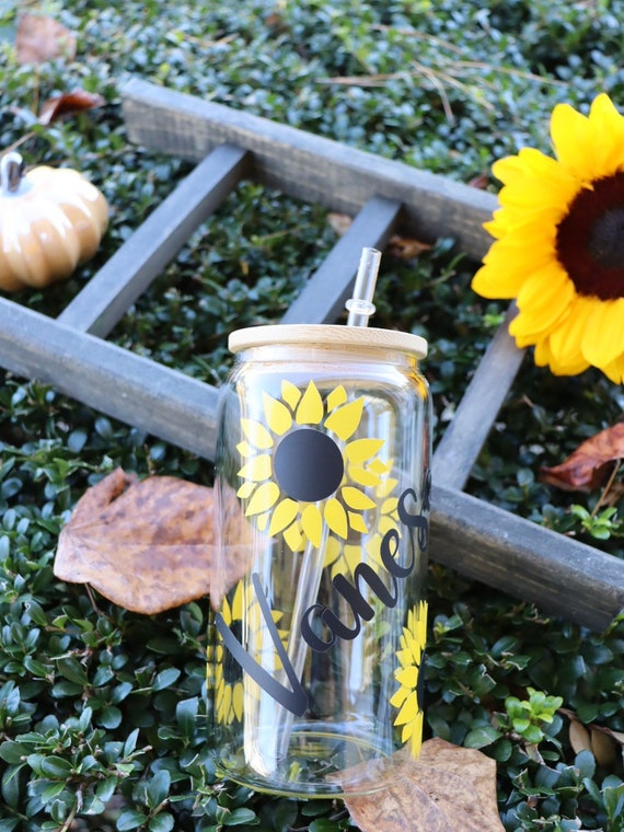 Sunflower Cup / Personalized Glass With Bamboo Lid And Straw