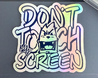 Naklejka holograficzna „Nie dotykaj mojego ekranu”, zabawna naklejka na laptopa, prezent dla miłośnika technologii, wycinana naklejka winylowa, naklejka dla geeków, humor biurowy