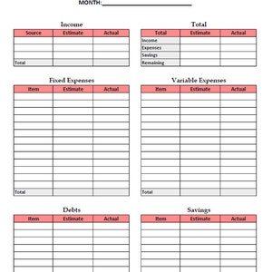 Monthly Budget Overview Printable | 4 Colors | Income and Expense ...
