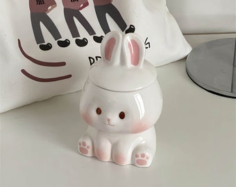 Adorable Bunny Mug with Lid, Pink & White Ceramic Cup