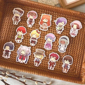 May include: A collection of colorful anime-style character stickers arranged on a woven wicker tray. The stickers feature various characters with unique hairstyles, outfits, and accessories. The characters are in a variety of poses and expressions.