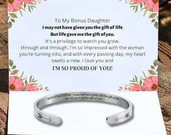 À ma fille bonus, bracelet de manchette inspirant, bracelet de message de nom gravé personnalisé, bijoux de cadeau d'encouragement pour les femmes de fille