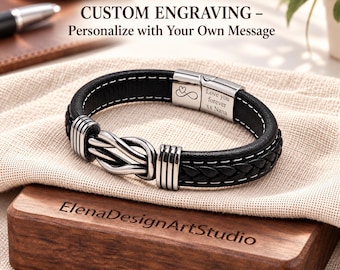 To My Son Grandson Braclet, Personalized Infinity Knot Leather Bracelet Stainless Steel Cuff For Men
