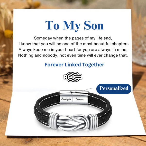 À mon fils/petit-fils, bracelet en cuir tressé avec nœud infini, bracelet personnalisé avec nom gravé, cadeau d'anniversaire de Noël pour homme