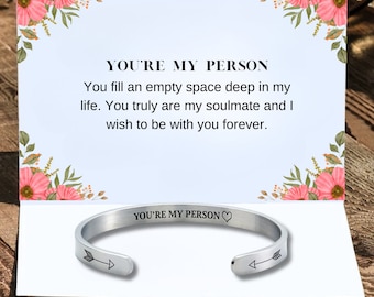 You're my person Inspirational cuff bracelet, Personalized engraved name message bracelet, Encouragement gift jewelry for girl women