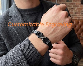Custom Engraved Braided Leather Bracelet, Personalized Cuff for Men