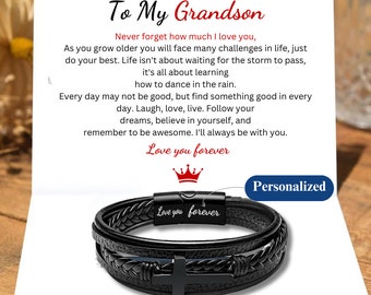 Personalized Leather Braided Bracelet for Son/Grandson: Engraved Cross