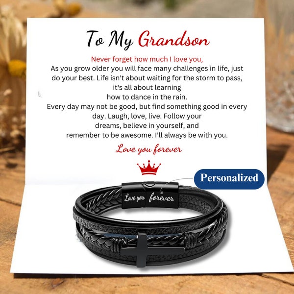 Personalized Leather Braided Bracelet for Son/Grandson: Engraved Cross