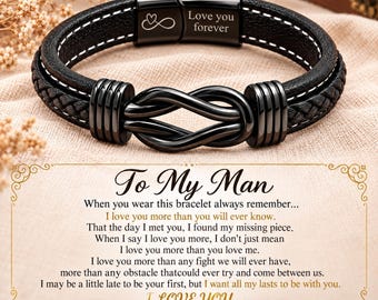 Personalized Infinity Leather Bracelet for Men: Engraved Names, To My Man Soulmate Husband Gift