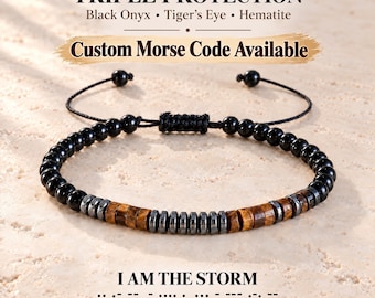 Custom Morse Code Bracelet – Black Onyx, Tiger's Eye, Hematite, Triple Protection (Personalized Secret Message)