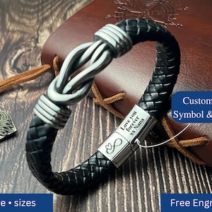 To My Son/Grandson Leather Wrap Infinity Knot Bracelet, Personalized Custom Engraved Name Leather Bracelet For Man, Birthday Graduation Gift