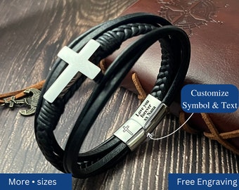 To My/Our Grandson Leather Cross Bracelet, Personalized Custom Engraved Name Leather Bracelet For Men, Grandson Gift from Grandparents
