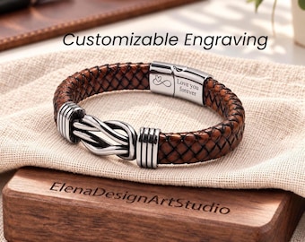 Custom Engraved Braided Leather Bracelet for Men, Stainless steel Infinity Knot Cuff, Son Grandson Birthday Christmas Gift