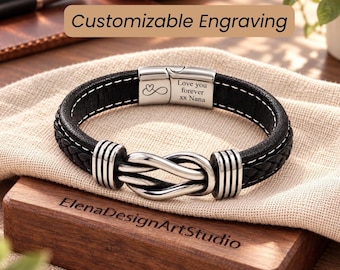 Christmas Gift for Men, Son, Husband, Grandson, Custom Engraved Mens Cuff, Black Braided Leather Infinity Knot Bracelet