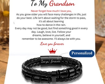 To My Son/Grandson Leather Braided Wrap Bracelet, Personalized Custom Engraved Name Cuff Bracelet For Men, Birthday Graduation Gift For Him