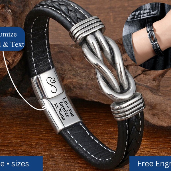 Bracelet en cuir gravé personnalisé pour homme, bracelet en cuir tressé avec noeud à l'infini, cadeau d'anniversaire/de remise de diplôme pour fils/petit-fils
