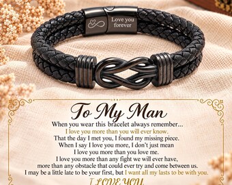 Personalized Infinity Knot Leather Bracelet for Men, Engraved Stainless Steel Clasp Cuff