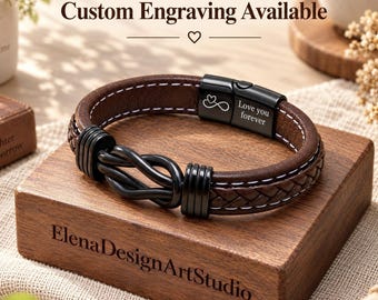 Personalized Engraved Leather Cuff Bracelet, Stainless Steel Infinity Knot, Christmas Gift For Son Grandson