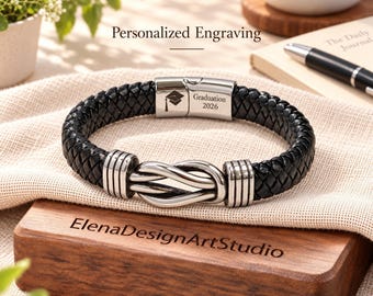 Personalized Leather Knot Bracelet, Engraved Graduation Gift for Him