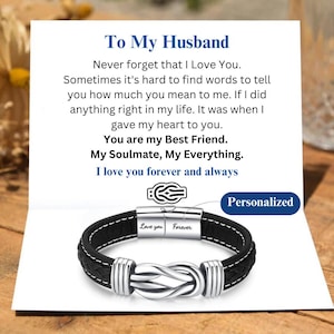 Gepersonaliseerde leren heren armband met oneindige knoop, gepersonaliseerde armband met gegraveerde namen verjaardagscadeaus voor echtgenoot vriend