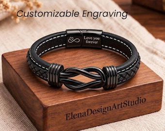 Personalized Leather Infinity Knot Bracelet for Men, Custom Engraved Stainless Steel Cuff (Christmas Gift)