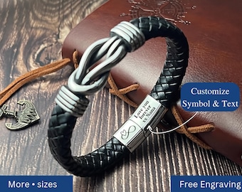 Personalized Braided Leather Bracelet For Men, Custom Engraved Infinity Knot Cuff, Son Grandson Gift