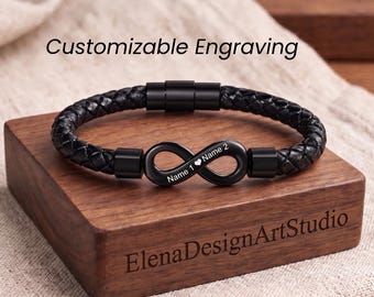 Personalized Infinity Knot Leather Bracelet For Men, Custom Engraved Name Cuff