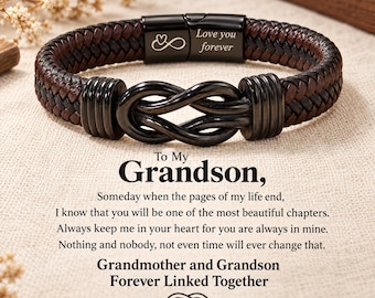Personalized Grandson Infinity Knot Leather Bracelet, Stainless Steel, Custom Name Gift