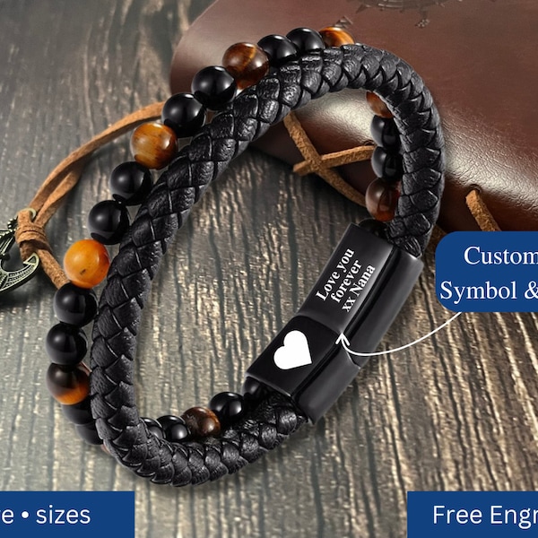 Tiger Eye Beaded Braided Leather Magnetic Bracelet, Personalized Custom Engraved Beaded Charm Bracelet For Women and Men