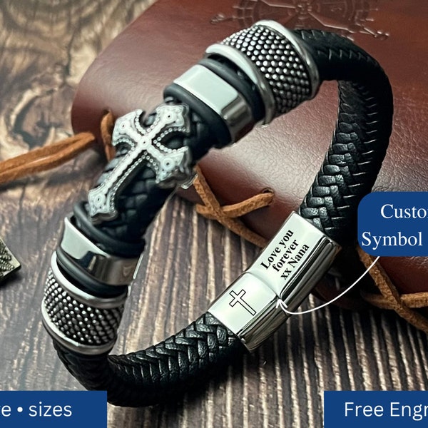 Engraved Leather Cross Bracelet for Grandson: Personalized Stainless Steel