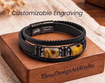 Natural Tiger’s Eye Braided Leather Bracelet, Personalized Gift for Him, Custom Engraved Cuff