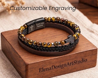 Personalized Tiger's Eye Leather Bracelet – Engraved Cross Charm for Men
