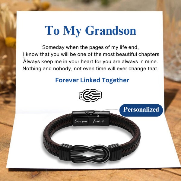 Personalized Leather Infinity Knot Bracelet: Gift for Son/Grandson