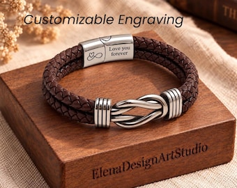 Personalized Leather Bracelet for Men, Custom Engraved Braided Cuff (Christmas Gift)
