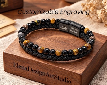 Personalized Tiger's Eye Braided Leather Bracelet, Custom Engraved Cuff