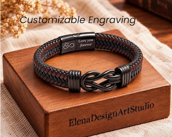 Custom Engraved Leather Bracelet for Men, Personalized Infinity Knot Cuff, Son Grandson Gift