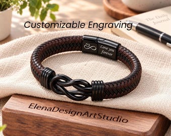 Bracelet en cuir gravé personnalisé, manchette tressée pour homme avec nœud infini