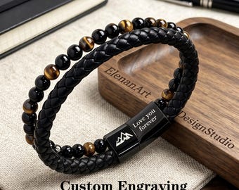 Tiger Eye Beaded Braided Leather Bracelet - Personalized Engraved Charm