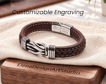 Mens Personalized Leather Bracelet, Engraved Infinity Knot Cuff