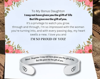 To My Bonus Daughter, Inspirational cuff bracelet,Personalized engraved name message bracelet, Encouragement gift jewelry for girl women