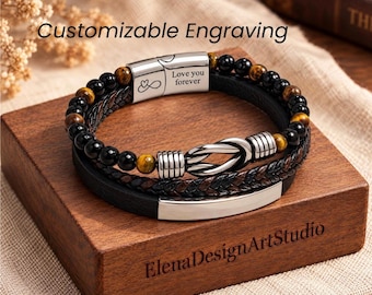 Personalized Engraved Tiger Eye Beaded Leather Bracelet, Custom Braided Mens Infinity Knot Cuff