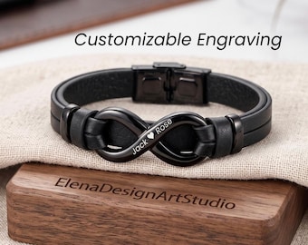 Personalized Infinity Leather Bracelet for Men: Engraved Names, Husband Gift