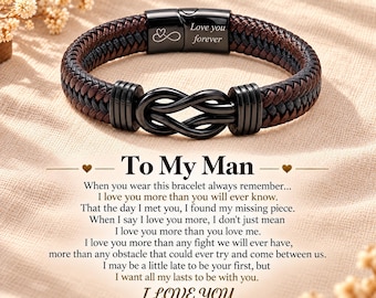Personalized Engraved Leather Bracelet, Braided Mens Infinity Knot Cuff