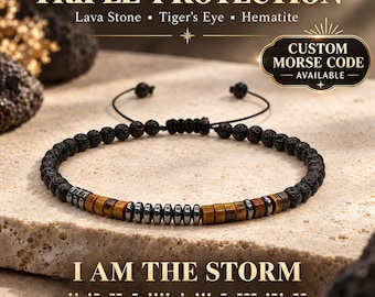 Custom Morse Code Bracelet, Lava Rock, Tiger's Eye, Hematite, Personalized Secret Hidden Message Jewelry, Triple Protection
