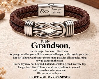 Personalized Leather & Stainless Steel Grandson Bracelet, Engraved Message Gift